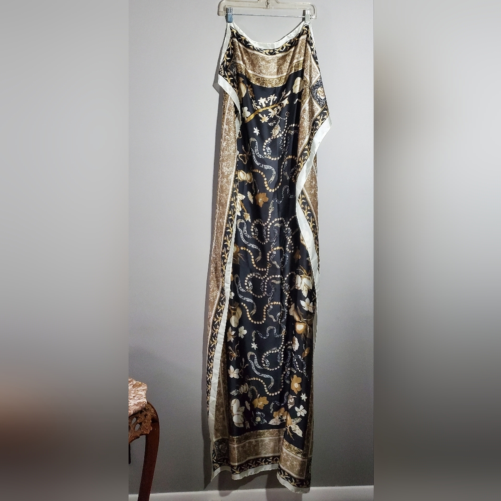 Laura Elegant Black, Gold & White Oblong Satin Floral & Fruit Scarf